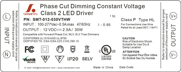 UL/cUL Listed 30W 12volt dc LED Strip Power Supply